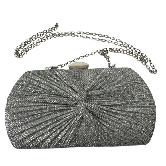 Silver Tone Metal Hardware Frame Glitter Fabric Clutch Evening Bag B72Q - Picture 7 of 7